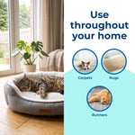 Lifestyle image of a cat sleeping in a pet bed with icons and text indicating use on carpets, rugs and runners