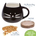 Black cat-shaped ceramic planter mug shown with a compressed soil disk and a pile of loose seeds, callouts note mug dimensions and labeled parts.