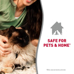Person petting a long-haired cat with a panel stating the product is safe for pets and home