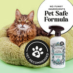 Cat lounging on a green bed beside a Pet‑Pourri Pawsitively Fresh spray bottle and pet safe formula badge