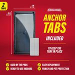 Anchor tabs graphic showing a black glue tray with dimensions and a panel reading 'Anchor Tabs Included' on red background
