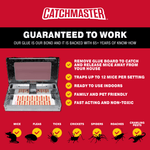 Red branded panel featuring the Catchmaster logo, an open multi-catch trap with glue board and checkmark icons listing key product claims.