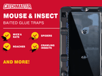 Close-up of a black Catchmaster glue trap against a red background with "Mouse & Insect" product branding.