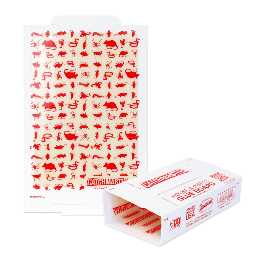 Catchmaster glue board and branded tuck-style box; white glue board printed with red pest silhouettes and Catchmaster logo.