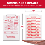 Dimensions infographic showing front and back of a Catchmaster mouse and insect glue board with size callouts and a hand holding the board.