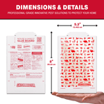 Dimensions and details graphic showing a Catchmaster mouse and insect glue board with measurements (8" by 5.3") and a hand for scale.