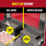 Close-up of a metal snap trap interior showing placement of a Catchmaster glue board versus empty interior, labeled kill catch and catch & release.