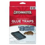 Red Catchmaster retail package showing brand logo, a glue tray image and a mouse illustration on a tiled surface
