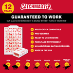 Red feature panel titled “Guaranteed to Work” with a Catchmaster glue board and checklist of product benefits plus pest silhouette icons.