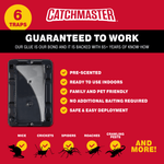 Red and black Catchmaster infographic panel reading "Guaranteed to Work" with a trap image and pest icons.