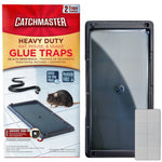 Catchmaster heavy duty glue trap retail box beside a black glue tray and anchor tab pads on white background