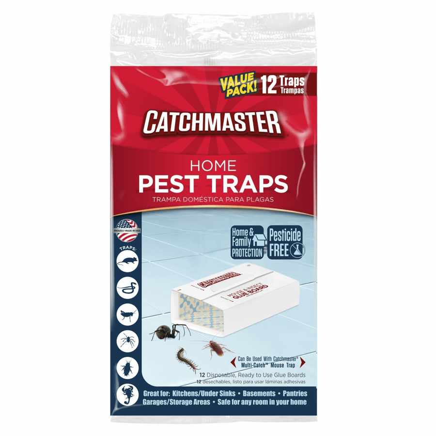 Front view of a Catchmaster Home Pest Traps value pack bag showing product branding and a visible “12 Traps” callout.