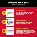Instructional infographic with three numbered steps and images showing how to fold the glue board, place it into the trap, and close the unit.