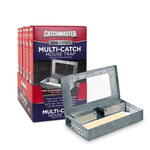 Catchmaster multi-catch metal mouse trap with a visible glue board and retail box display behind it on white background.