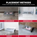 Four-panel lifestyle composite showing the metal multi-catch mouse trap placed along a baseboard, under a sink, in a basement and in a garage.