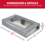 Single product image showing the metal multi-catch mouse trap with arrows and dimensions annotated for length, width and height.
