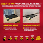 Product usage graphic showing glue tray placed on ledge and floor with icons for pests like rats, mice, crickets and roaches