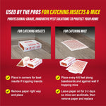 Red instructional panel showing placement photos for catching insects and mice with checkmark tips and product images of Catchmaster glue boards.