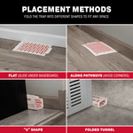 Four-panel placement methods graphic showing Catchmaster glue boards used flat, along pathways, folded in a U shape, and as a tunnel.