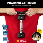 Demonstration image of hands pressing a Catchmaster glue trap against a dumbbell to show adhesive strength with inset close-up.