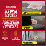 Red panel titled 'Set up in seconds' showing three placement styles - flat, U-shape, folded tunnel - with small photos of Catchmaster glue boards.