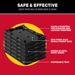 Stacked black Catchmaster glue trap bases with callouts pointing to features like non-toxic glue and disposable design.
