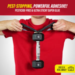 Person in red shirt squeezing a glue tray with a 5 lb dumbbell showing adhesive strength and a 'real image' badge