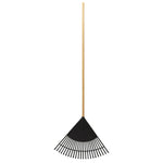 Full-length leaf rake with a wooden handle and black plastic fan-shaped tines on a white background.
