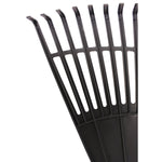 Close-up of black plastic fan rake tines showing curved tooth ends and ribbed supports on a white background.