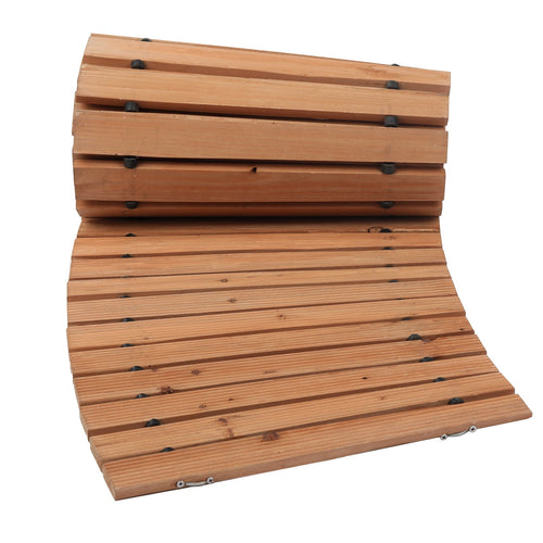 Rolled and partially unrolled cedar slat garden pathway showing wood slats and connecting hardware