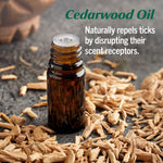Close-up of a brown essential oil roll-on bottle on wood shavings with text ‘Cedarwood Oil’ and claim about repelling ticks.