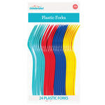 Front retail package labeled 'Plastic Forks' showing 24 assorted teal, red, blue and yellow disposable forks under the Celebrate brand.