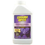 White plastic bottle of Cerama Bryte dishwasher cleaner with purple label and product name prominently displayed