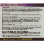 Close-up of Cerama Bryte dishwasher cleaner product label showing usage instructions and a CAUTION: EYE AND SKIN IRRITANT warning