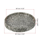 Round speckled ceramic plant saucer shown with measurement callouts indicating 11–11.5 cm diameter