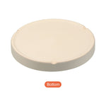 Bottom view of a round gray ceramic planter saucer on a white background, labeled “Bottom.”