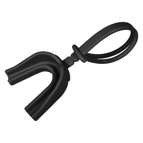 Black moldable U-shaped football mouthguard with attached looped strap, angled view