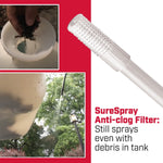 Close-up infographic showing a clear anti-clog filter tip and two inset photos of debris and spray performance