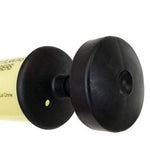 Black round plunger handle and cap assembly of a yellow Chapin handheld duster shown on white background.