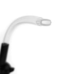 Close-up of the clear flexible feed tube end used on a handheld plant duster against white background.