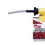Curved clear plastic nozzle and black threaded adapter attached to a yellow Chapin duster cap above a product label.