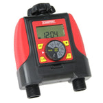 Close-up of a red and black Chapin digital dual-zone water timer showing LCD time and control dial
