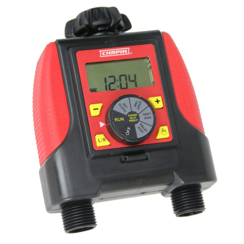 Close-up of a red and black Chapin digital dual-zone water timer showing LCD time and control dial
