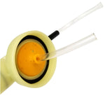 Top view showing the yellow duster cap interior and two clear supply tubes attached to the nozzle.