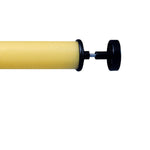 Close-up of the yellow cylindrical body and black plunger handle of a Chapin handheld plant duster.