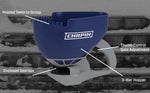 Blue Chapin spreader on textured background with callouts pointing to molded teeth, enclosed gearbox and 3-liter hopper.