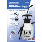 Product packaging front for Chapin HOMEGardener 1 gal bleach sprayer showing the sprayer, feature icons and 'Clean & Disinfect' copy