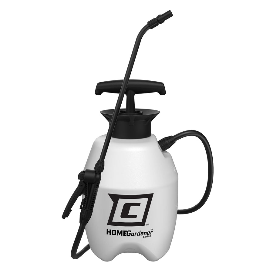 White Chapin HomeGardener 1-gallon pump sprayer with black handle, hose and wand on white background