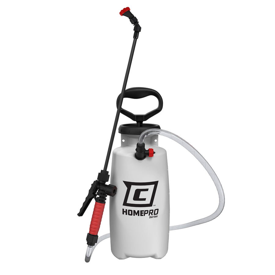 White Chapin HomePro handheld garden sprayer with black handle, red-accent wand and clear hose