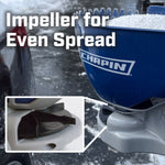 Close-up of Chapin hopper dispensing white ice-melt granules with inset showing impeller detail and text overlay.